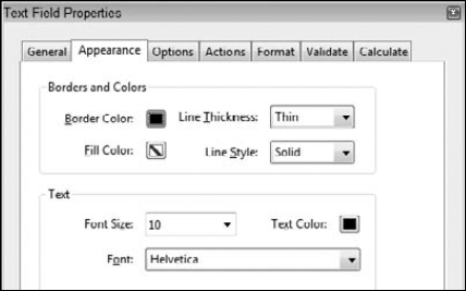 Click the Appearance tab for any field properties, and make choices for the appearance of fields and text.