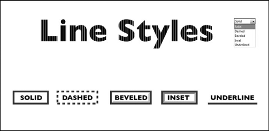 The Appearance tab offers five choices for border style in the Line Style pull-down menu.