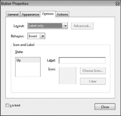 The Options tab for the Button field properties includes options for button face displays and several different mouse behaviors.