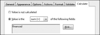 When you return to the Calculate tab in the Text Field Properties window, the fields used in the formula are shown below the formula selection.