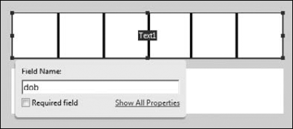 Draw a text field object to fit the design, and type a name for the field. Click Properties to open the Text Field Properties window.