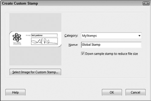Type a category and name for the new custom stamp.