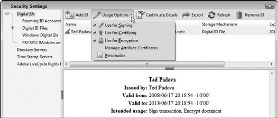 After creating a new ID, the ID is listed in the Security Settings dialog box.