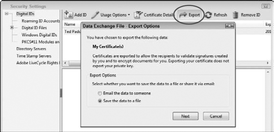 Open the Security Settings dialog box, and click the Export button.