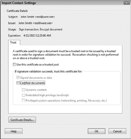 Leave the default as shown, and click OK to trust the certificate for signing forms.
