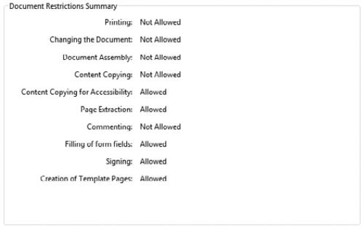 Open the Security tab in the Document Properties to review the Document Restrictions Summary.