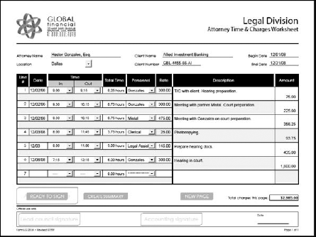 A worksheet form used for calculating time and billing for a law office professional.