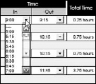 The Total Time column calculates the amount of time from selections made in the In and Out combo boxes.