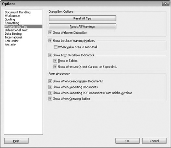 The Options dialog box, where the Form Assistant settings are retained