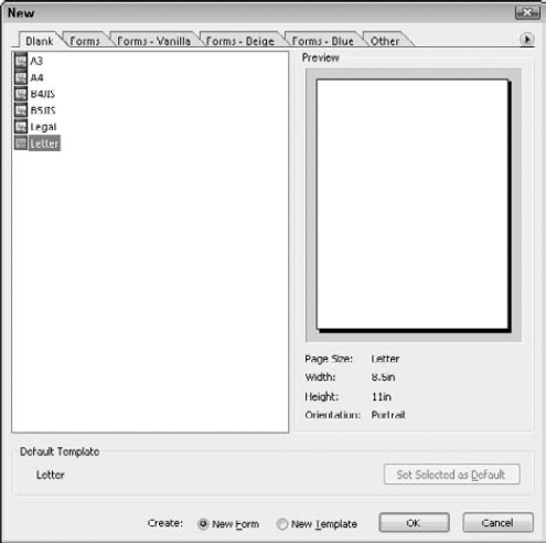 The New dialog box, where you can choose paper size for a blank document or start from a template