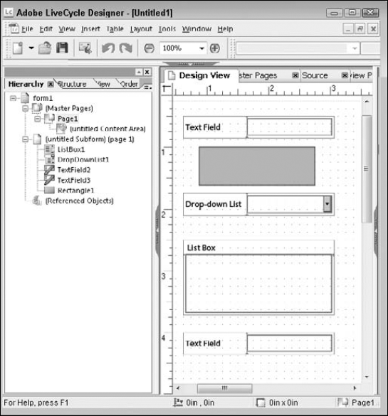 The Hierarchy and Layout view of a positioned form. Notice that the order of objects in the hierarchy does not affect the position of objects on the design page.