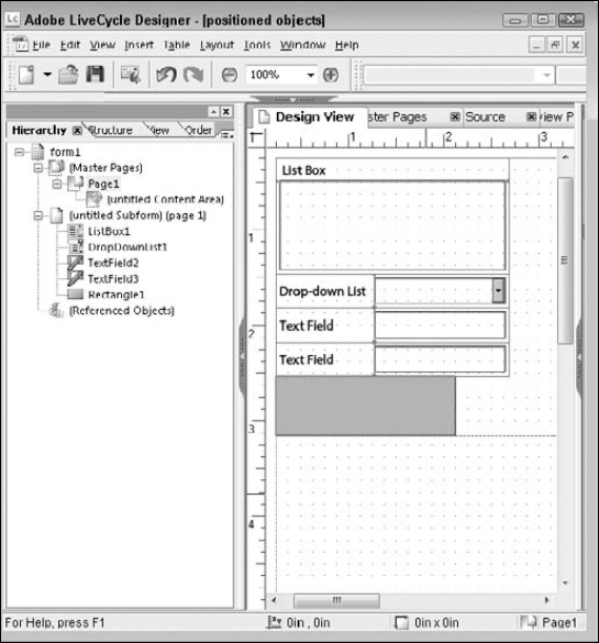 The Hierarchy and Layout view of a flowed form. The objects' positions in the hierarchy caused them to move on the design page to match the order in the form template hierarchy.