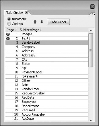 The new Tab Order palette for setting custom tab sequences