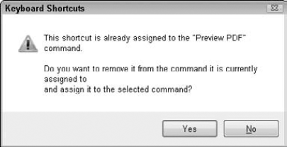 The keyboard shortcut warning about replacing an existing shortcut