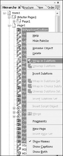 The context menu when wrapping in a subform