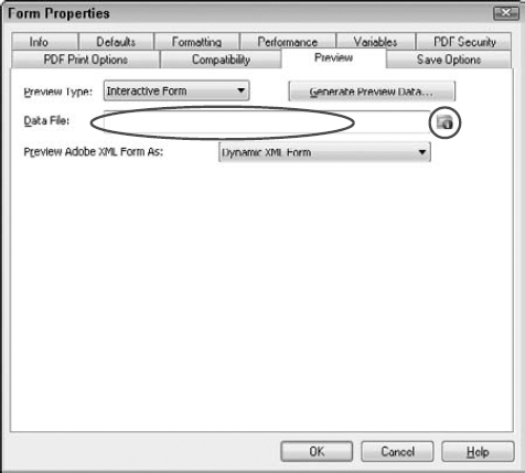 The Form Properties dialog box with a sample XML file set