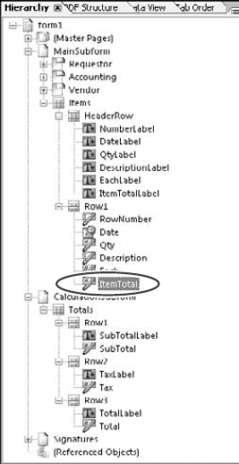 The ItemTotal field in the purchase order form shown in the Hierarchy palette