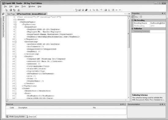 The purchase order XML file opened in Liquid XML Studio 2008