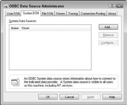 The ODBC Database Administrator System DSN tab