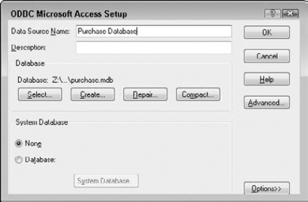 The ODBC Microsoft Access Setup Dialog box