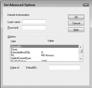 The Set Advanced Options dialog box for login and password