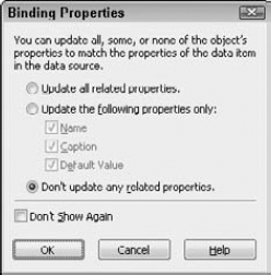 The Binding Properties dialog box opens when dragging from the Data View palette
