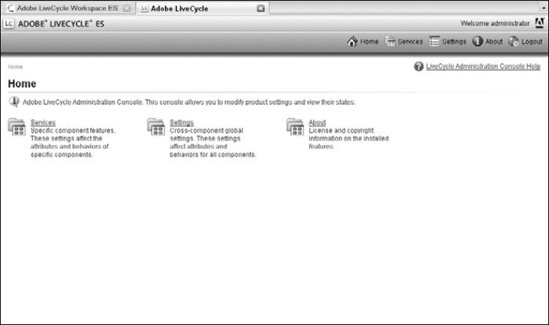 The LiveCycle ES Administration Console home page