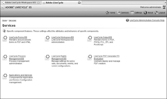 The LiveCycle ES Administration Console Services page