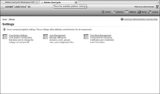 The LiveCycle ES Administration Console Settings page