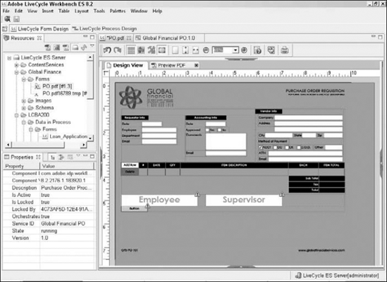 LiveCycle Designer opened inside the workbench to edit a form