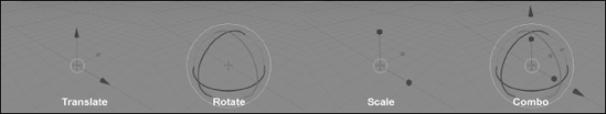 The Translate, Rotate, Scale, and Combo manipulator modes.