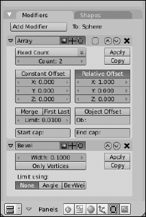 The Array and Bevel modifiers in the Modifier panel.