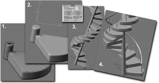 1) Model the step. 2) Add an Empty for Object Offset and rotate in Z. 3) Add the Array modifier. 4) Make it pretty.