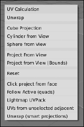 The UV Calculation unwrapping menu.