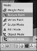 Choosing Texture Paint mode from the mode button on the 3D view's header.