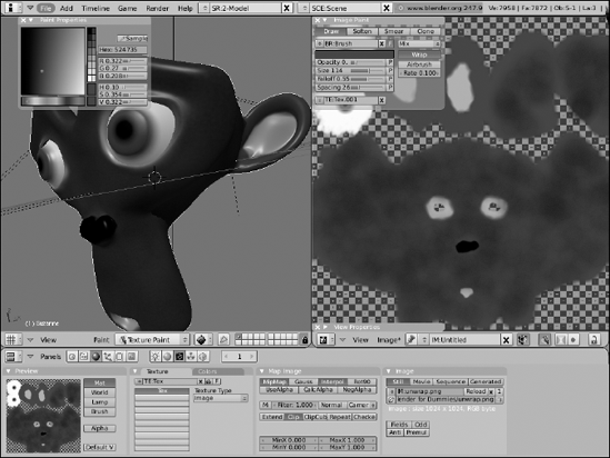 A good screen layout for texture painting directly on your mesh.