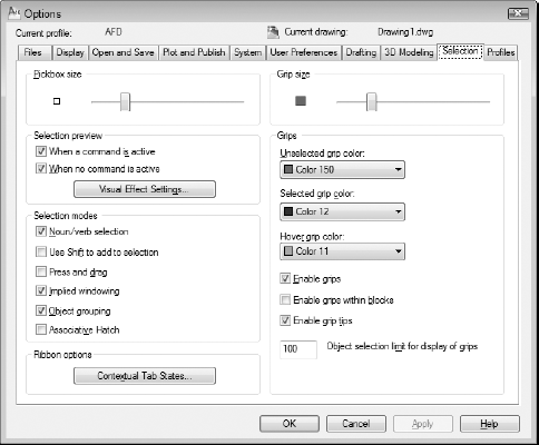 Setting selection options in the Options dialog box.