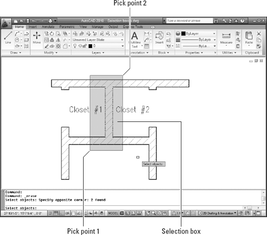 A window selection box, drawn left to right, selects only objects completely within the box.