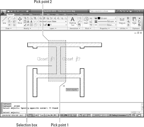 A crossing selection box, drawn right to left, selects objects that are completely or partially within the box.