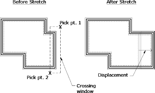 Use a crossing selection box to select objects for stretching.