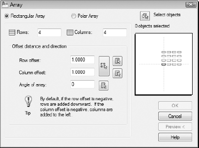 Configure rectangular or polar (circular) arrays in the Array dialog box.