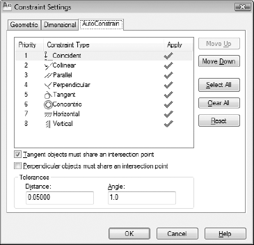 Autoconstrainable geometric relations in the Constraint Settings dialog box.