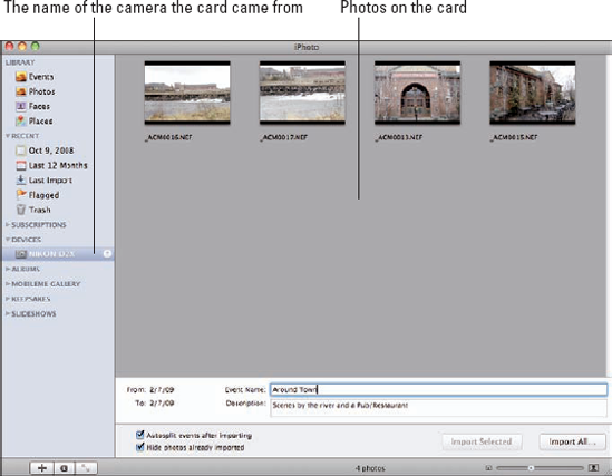 The iPhoto window, displaying the contents from a flash memory card.