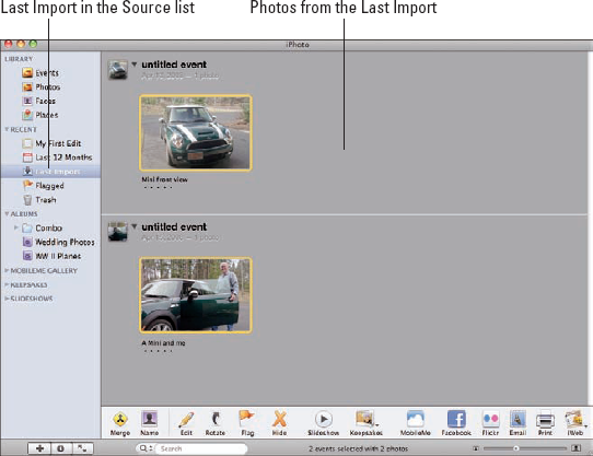 iPhoto showing the Last Import pane.