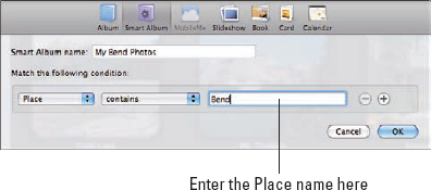 Setting a Place expression in the Smart Album dialog.