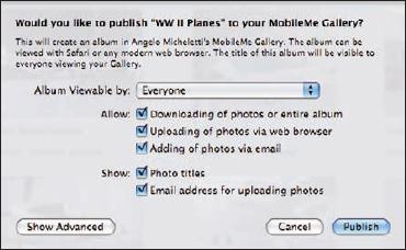 Publishing to MobileMe options.