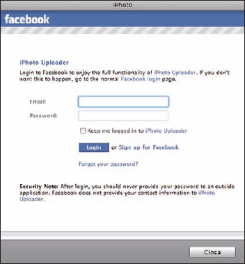 The Facebook login screen in iPhoto.