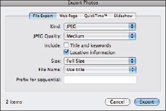 The File Export portion of the Export Photos dialog.