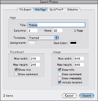 Export photos to a Web page.