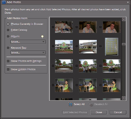 Thumbnails of selected images appear in the Add Photos dialog box.